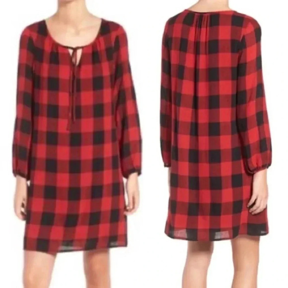 MADEWELL Red & Black Buffalo Plaid Wool Blend Tie Neck Shift Dress Size XXS - Picture 6 of 6